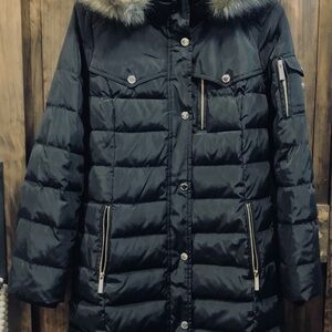 MICHAEL Michael Kors Black & Gold Puffer Coat with Faux Fur Trim